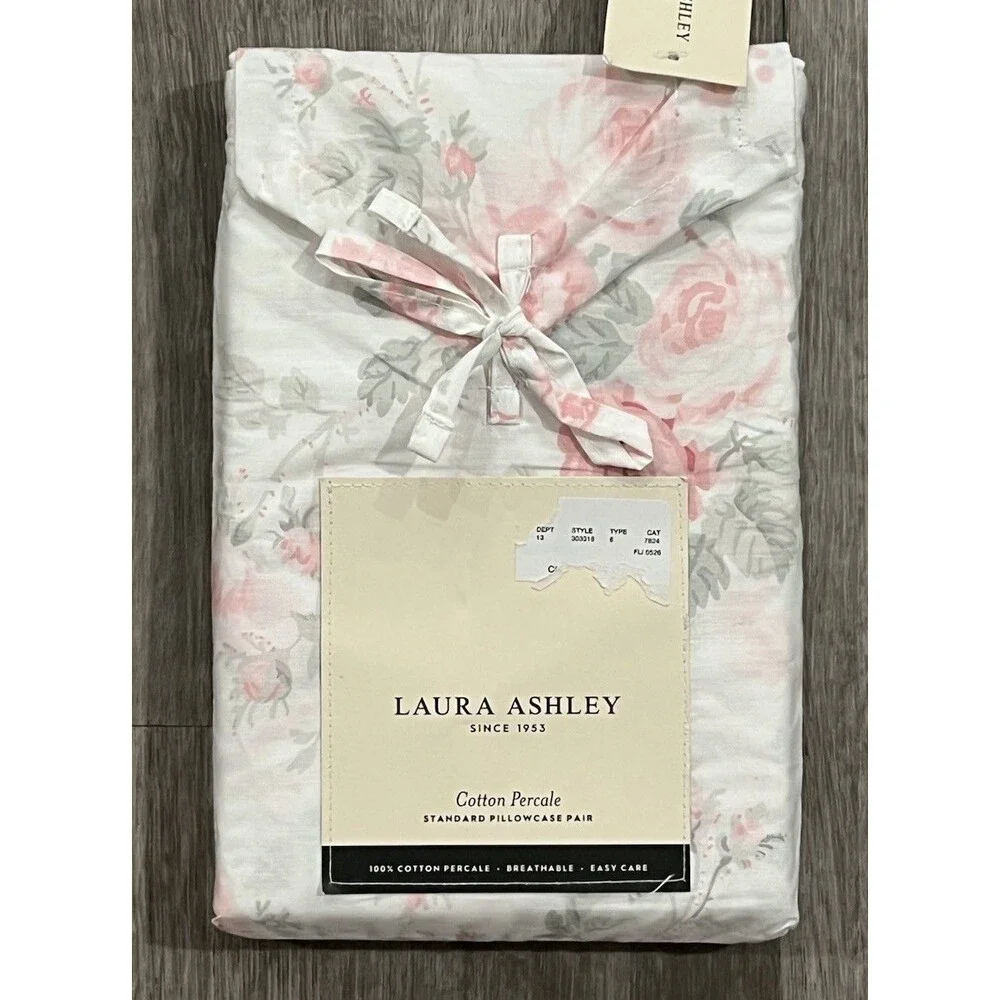 Laura Ashley Floral Standard Pillowcase Pair Belinda Pink Cotton Percale New
